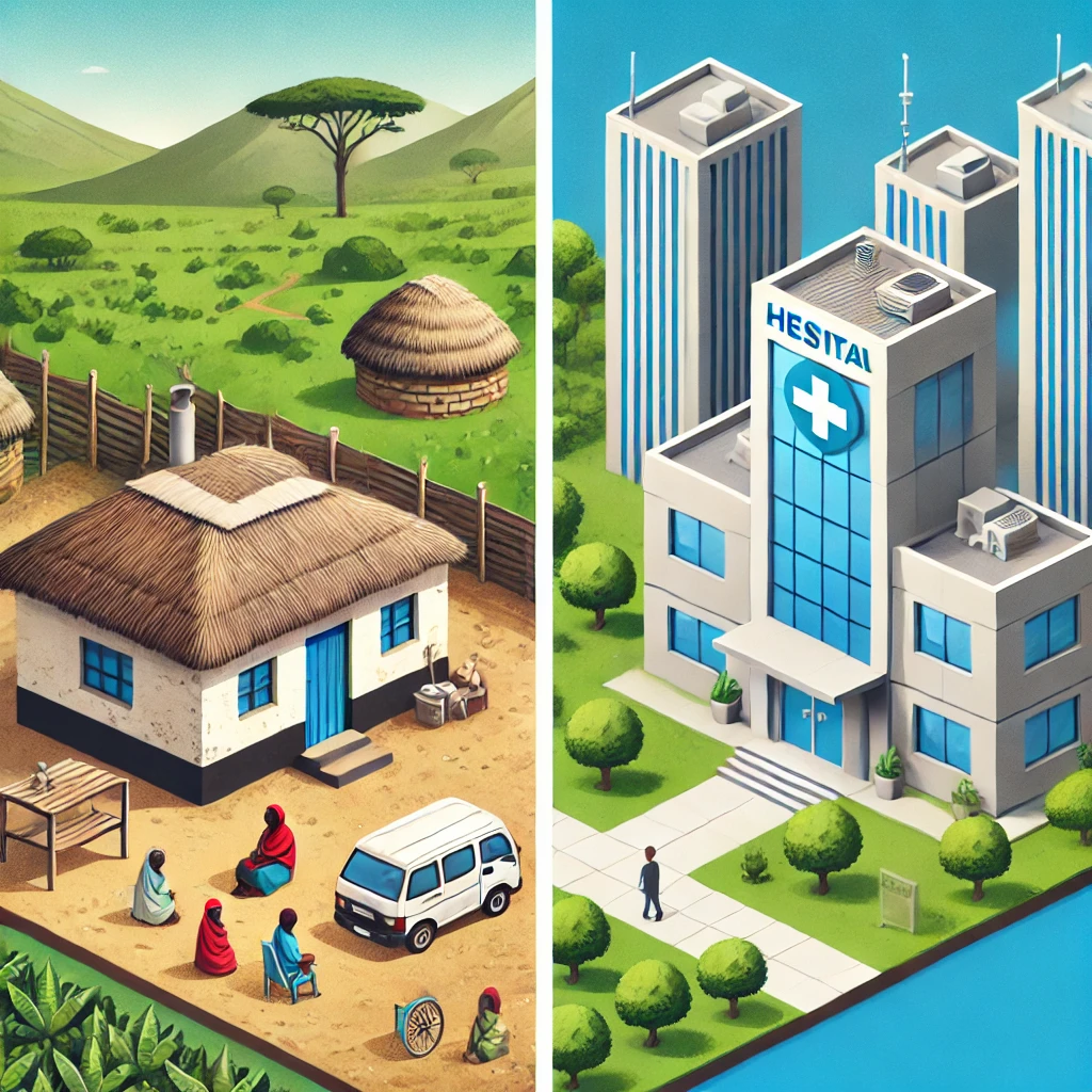 A comparison image showing a rural clinic with limited resources and an urban hospital with advanced facilities in Kenya