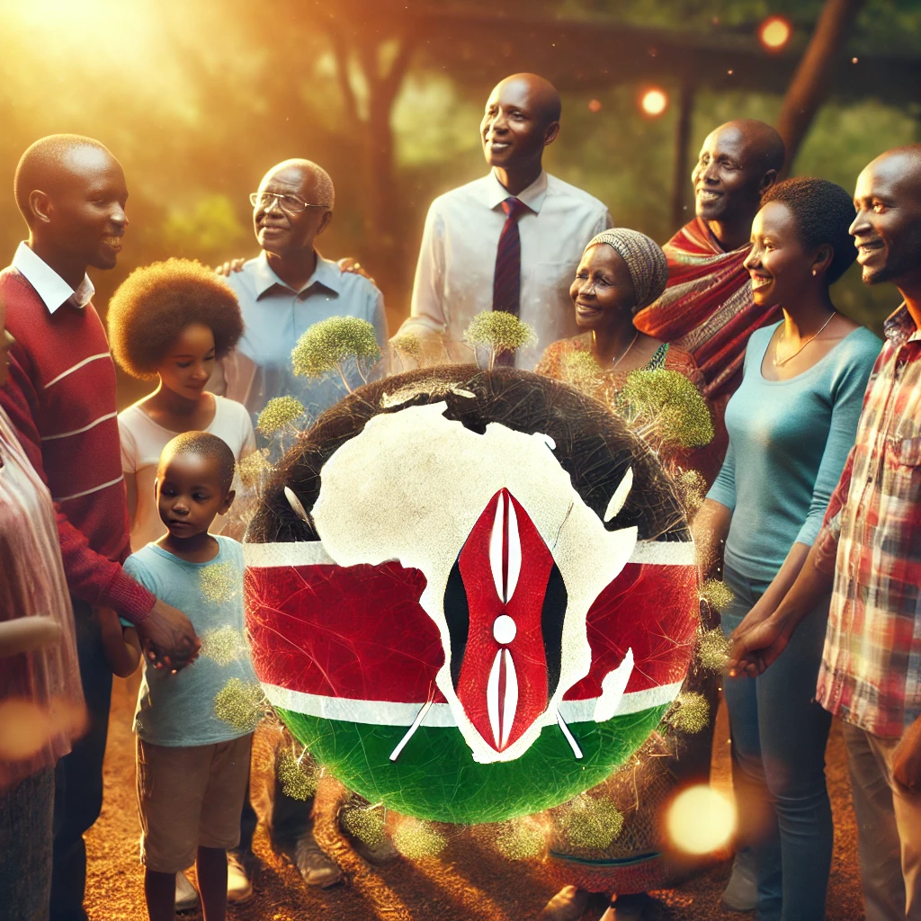 A hopeful image of a Kenyan family or community gathered outdoors symbolizing resilience and optimism for the future