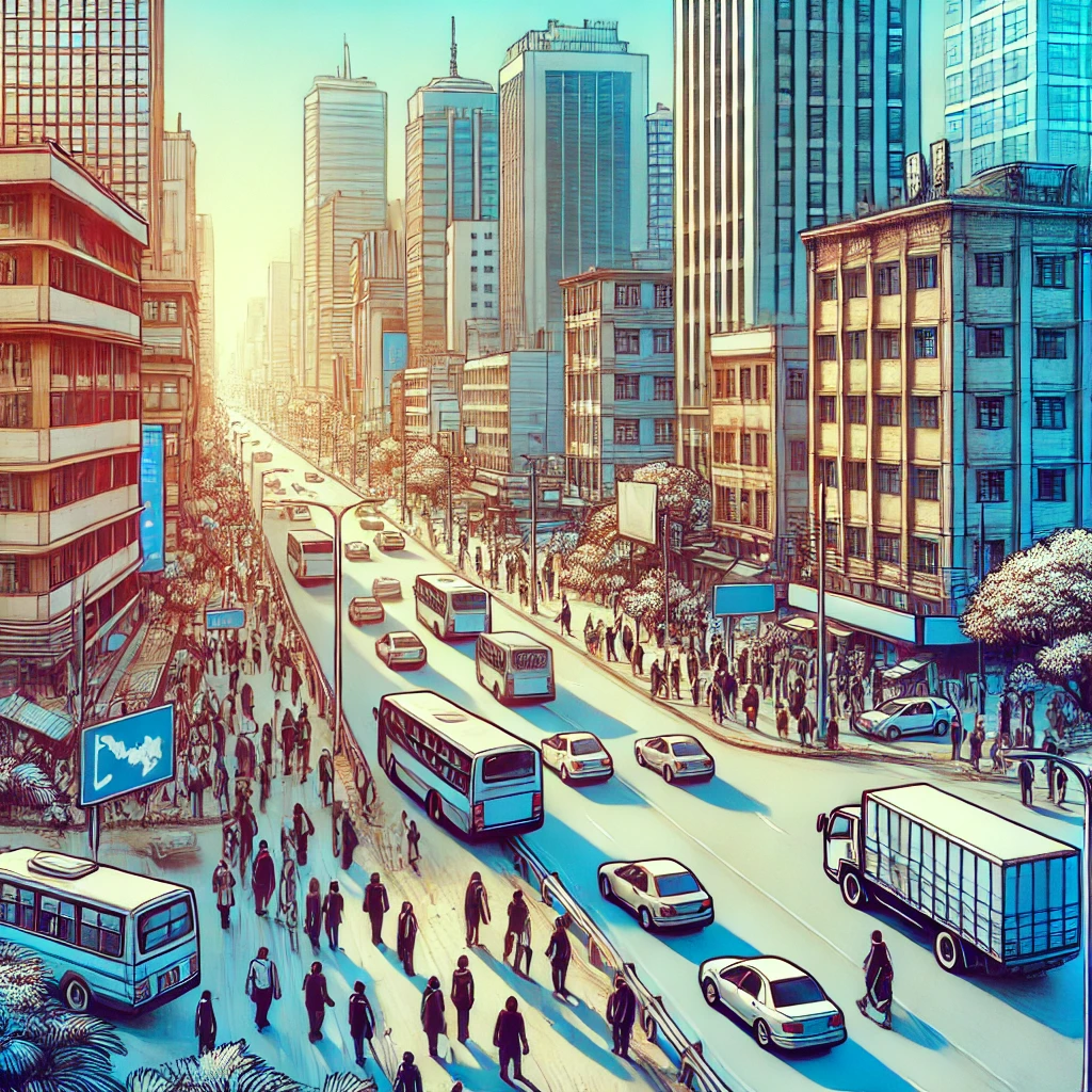 An image depicting a busy Nairobi street scene with people going about their daily routine symbolizing urbanization and economic pressures