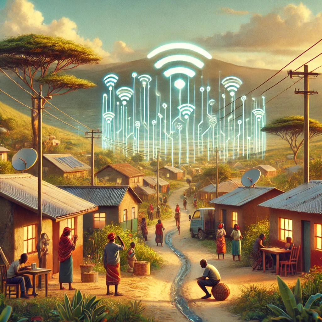 An image depicting a rural Kenyan community with limited access to technology representing the digital divide