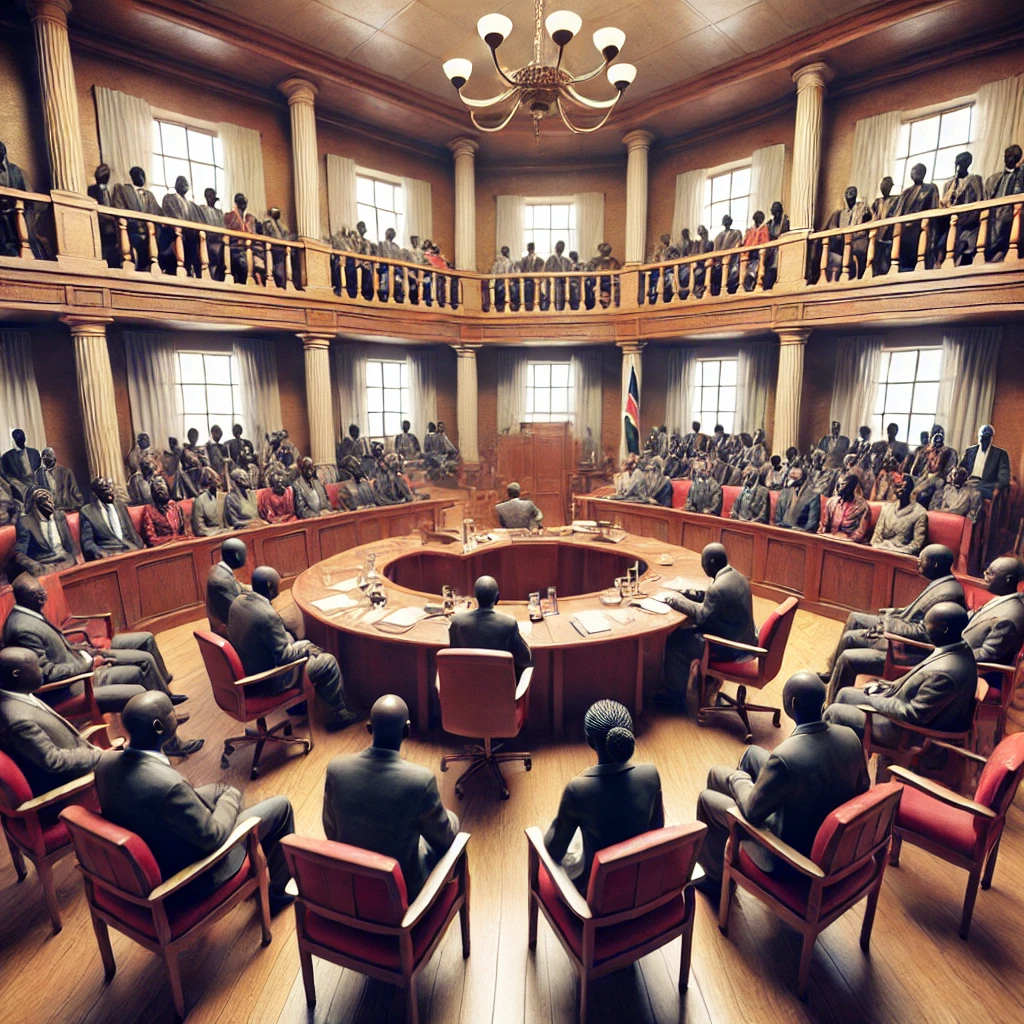 An image of a Kenyan courtroom with people attending a hearing symbolizing the emphasis on corruption and accountability in politics