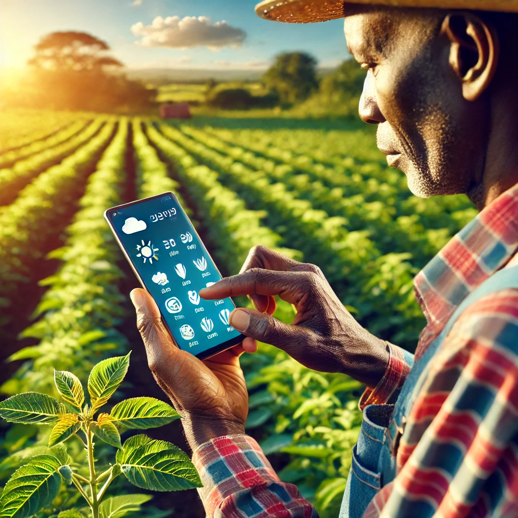 An image of a Kenyan farmer using a mobile app on a smartphone to check crop prices or weather updates