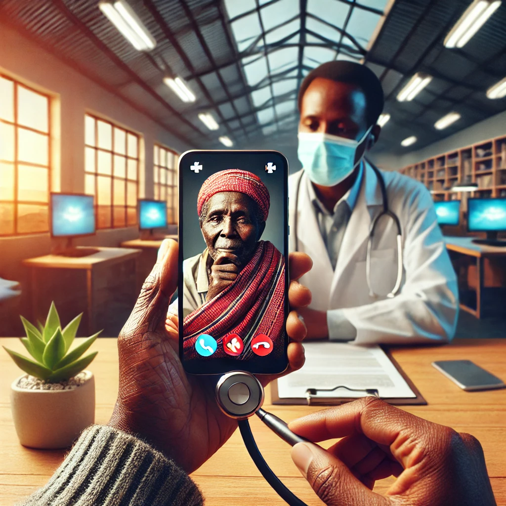 An image of a Kenyan patient using a smartphone to access a telemedicine service symbolizing healthcare accessibility