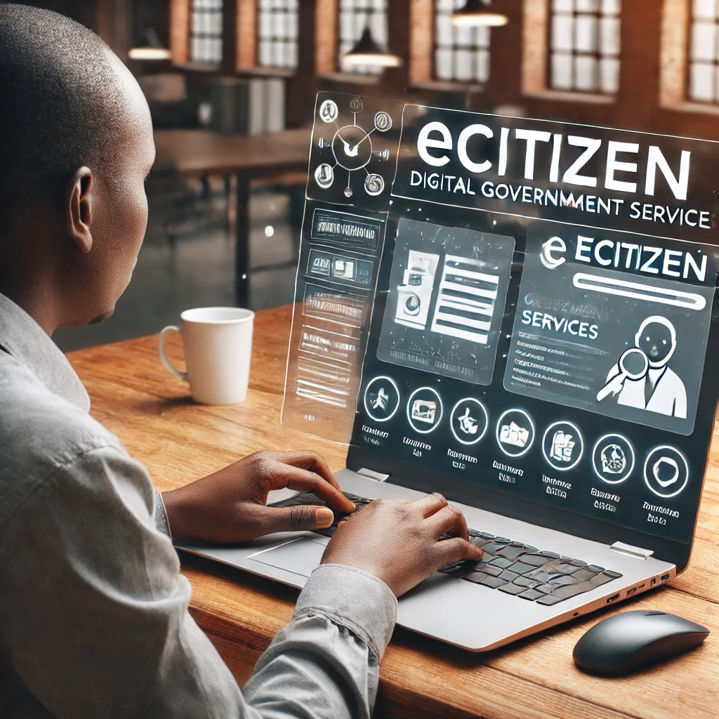 An image of a Kenyan person navigating the eCitizen portal on a laptop symbolizing digital access to government services