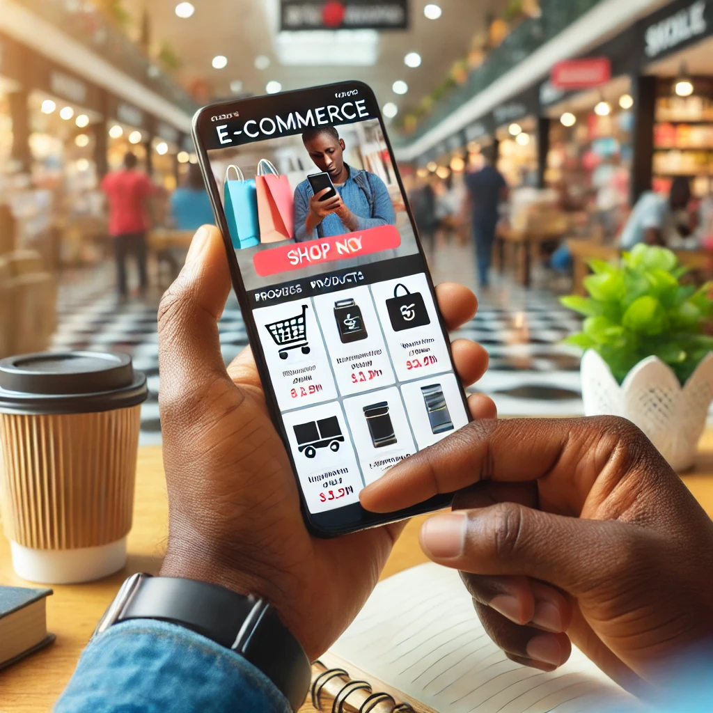 An image of a Kenyan person using an e commerce app on a smartphone browsing products symbolizing the convenience of online marketplaces