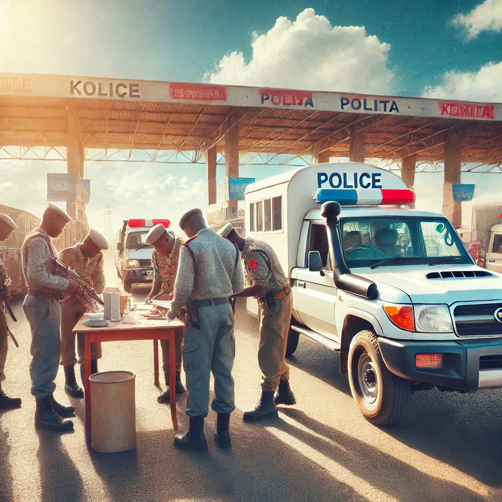 An image of a Kenyan police checkpoint with officers inspecting vehicles symbolizing the focus on security and counter terrorism measures