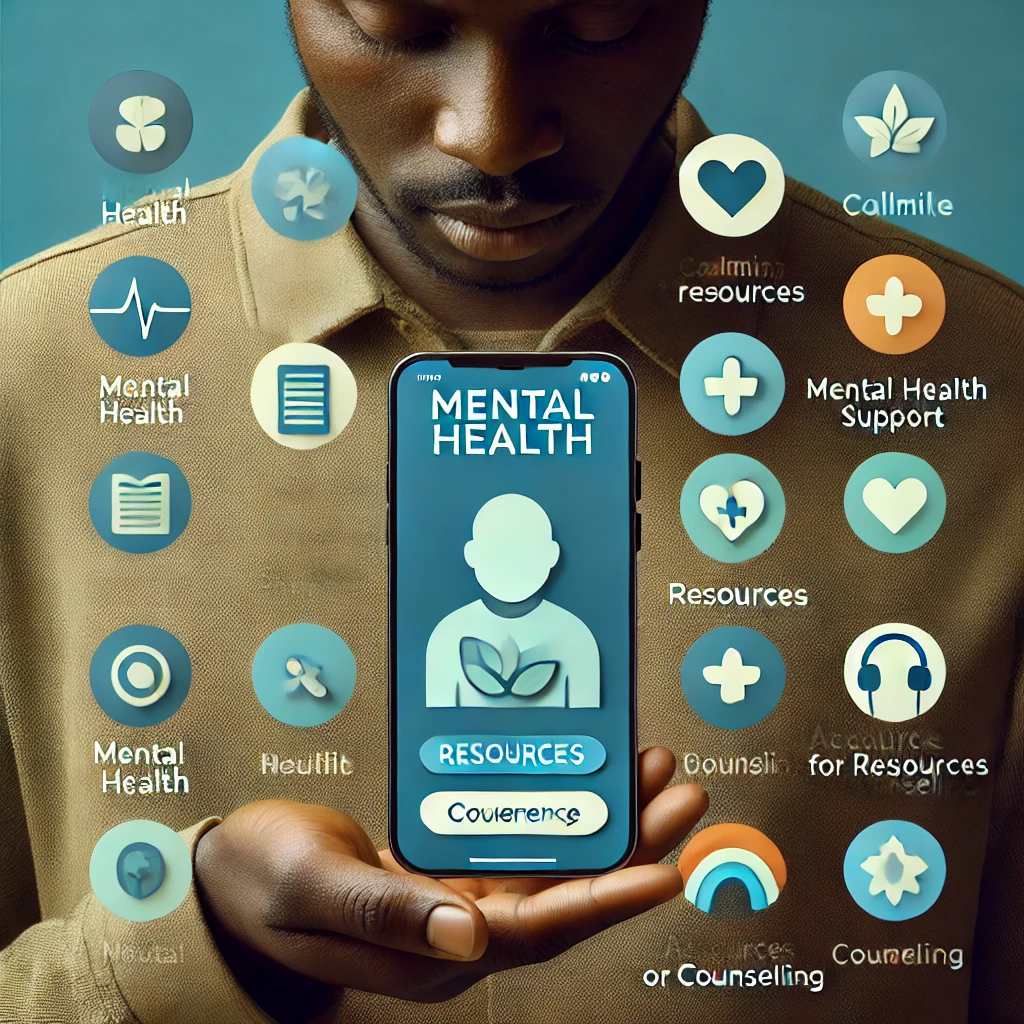 An image of a Kenyan user holding a smartphone with a mental health app open