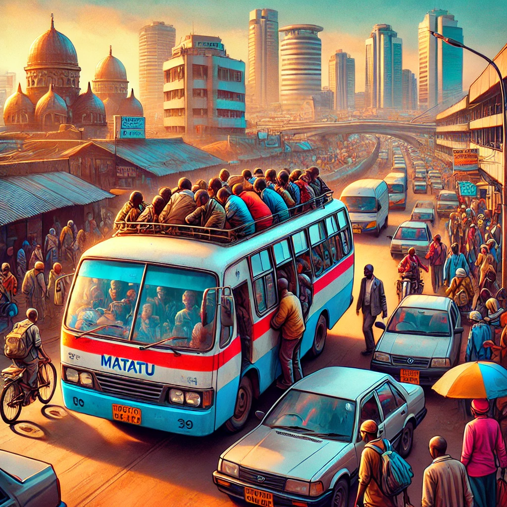 An image of a crowded Kenyan matatu public transport vehicle on a busy Nairobi road illustrating the impact of rising transportation costs on Kenya