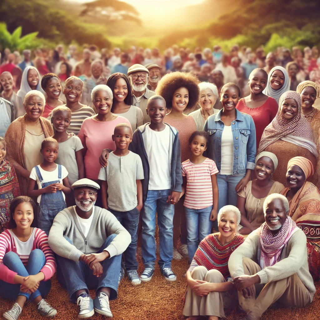 An image of a diverse group of Kenyans from various age groups gathered together in a peaceful outdoor setting symbolizing community support and unit