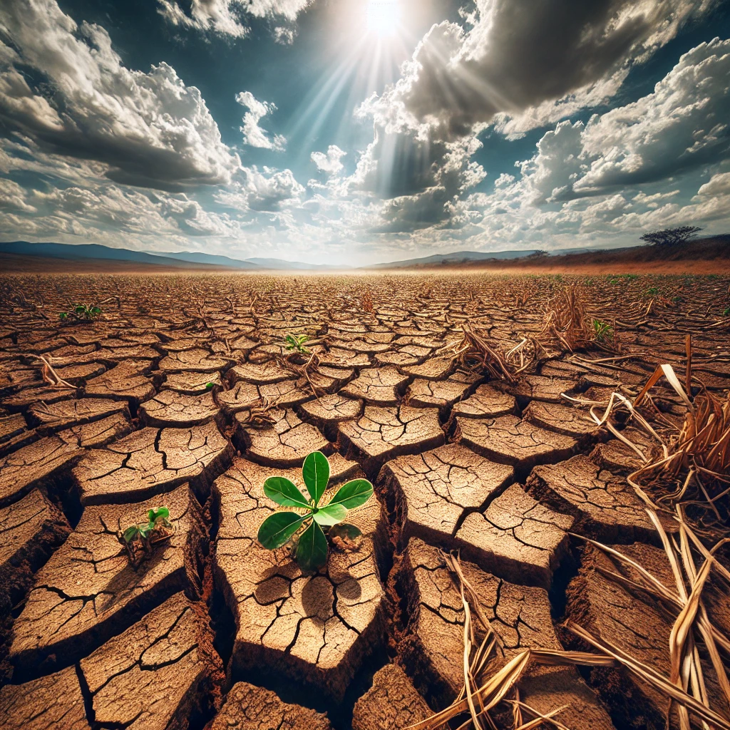 An image of a drought affected farm in Kenya with dry soil and sparse crops illustrating the impact of climate change on agriculture. The landscape