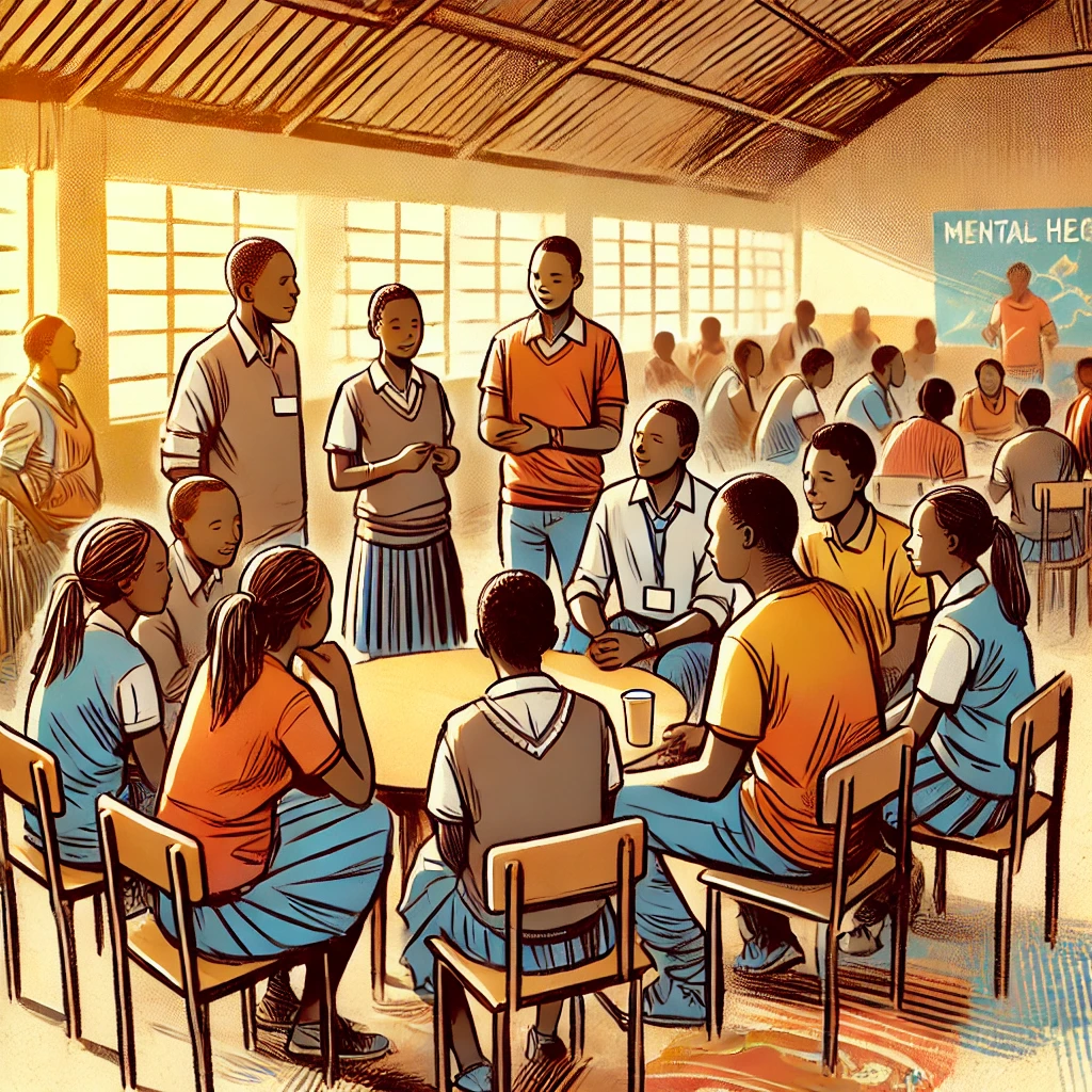 An image of a group of young people in Kenya participating in a mental health awareness activity or workshop