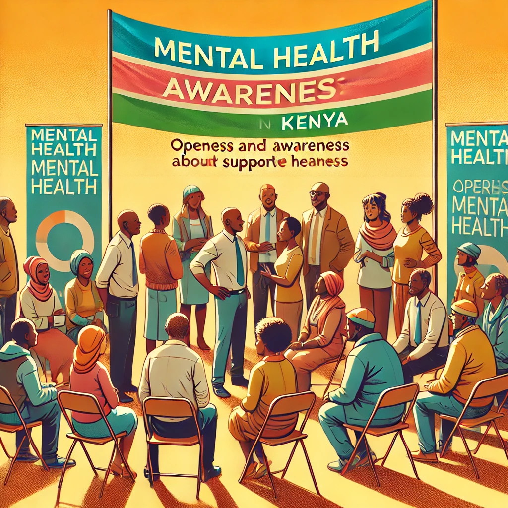 An image of a mental health awareness campaign event in Kenya with banners and people gathered engaged in discussions about mental health