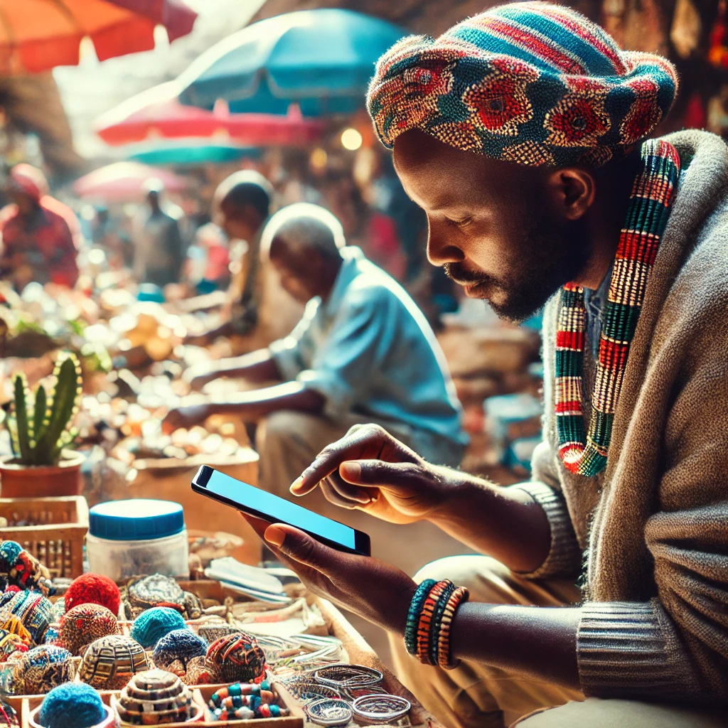 An image of a small Kenyan vendor or artisan in a market setting using a smartphone to manage online sales