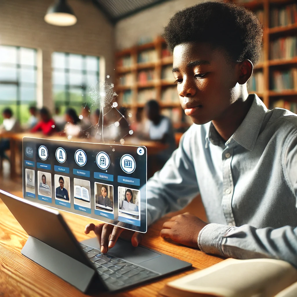 An image of a young Kenyan student engaged with an online educational platform on a laptop or tablet