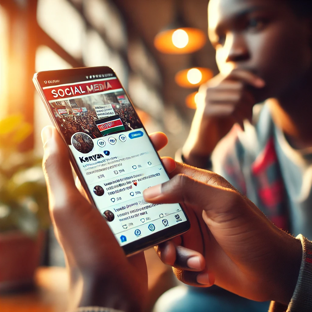 An image of a young Kenyan using a smartphone with social media open symbolizing the role of social media in political expression and activism