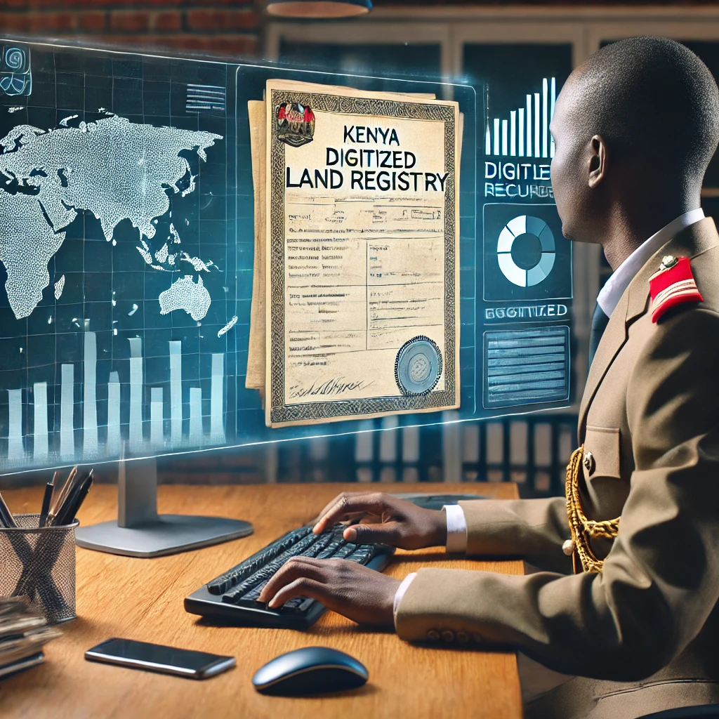 An image of an official in Kenya working with digitized land documents on a computer screen symbolizing the digitized land registry