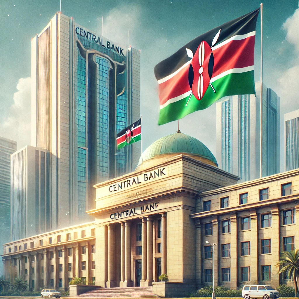 An image of the Central Bank of Kenya building with the Kenyan flag symbolizing government measures to control inflation. The scene shows a prominent