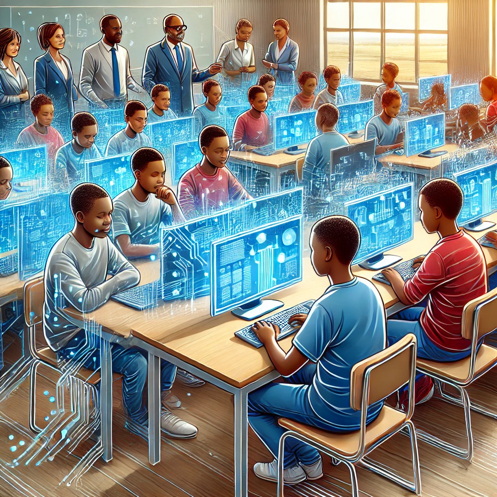 An image of young Kenyans in a classroom or training session learning digital skills on computers symbolizing digital skills