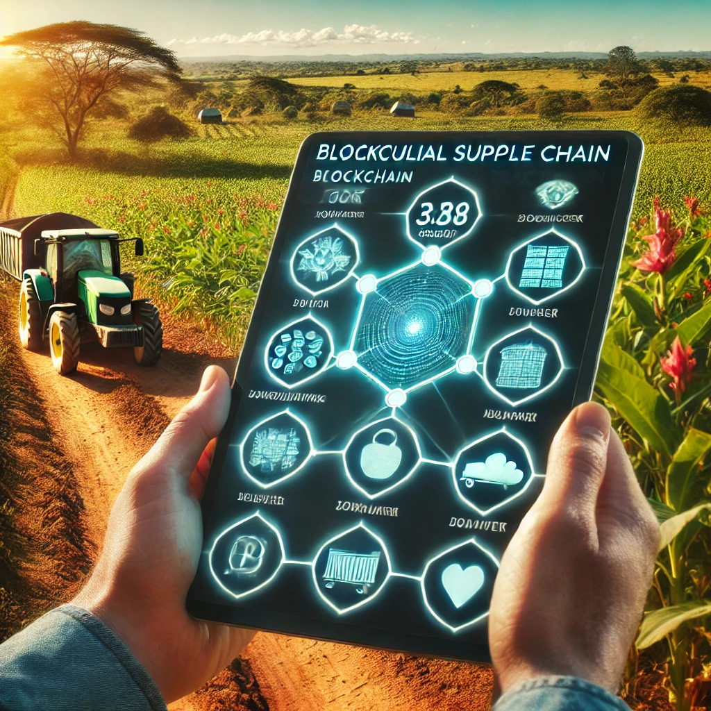 An image showing a digital tablet with a blockchain based agricultural supply chain tracking interface in a rural Kenyan setting