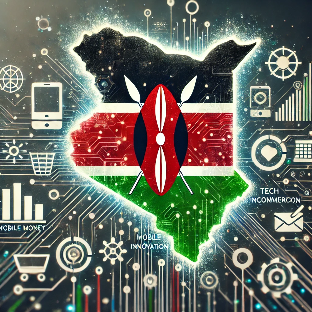 Map of Kenya with digital economy icons representing e-commerce, mobile payments, and tech hubs